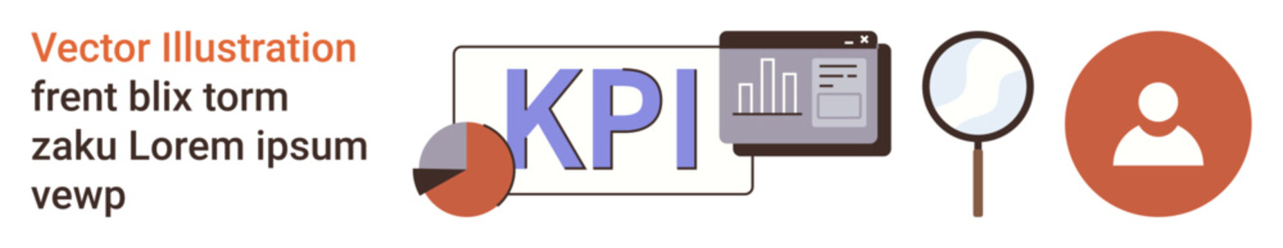 Performance analytics, business monitoring, key metrics, data tracking, teamwork, report analysis. KPI text with graph, magnifying glass and user icon. Performance analytics and business monitoring