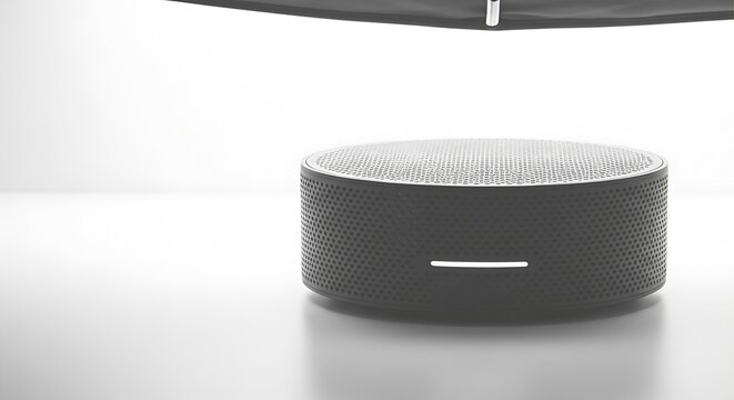Blue and yellow striped wireless speaker on white background