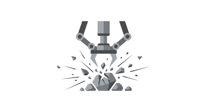 A grey robotic mechanical claw forcefully crushes a solid rock into many sharp fragments while debris scatters across the white workspace in this precise industrial illustration.