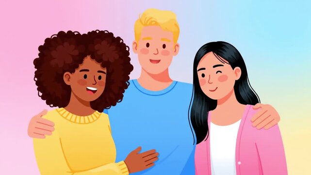 Diverse Young Friends Embracing and Smiling, Celebrating National Friendship Day Together - Vector Illustration