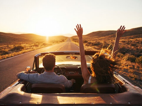 Young couple driving convertible through desert road at sunset, freedom and happiness.