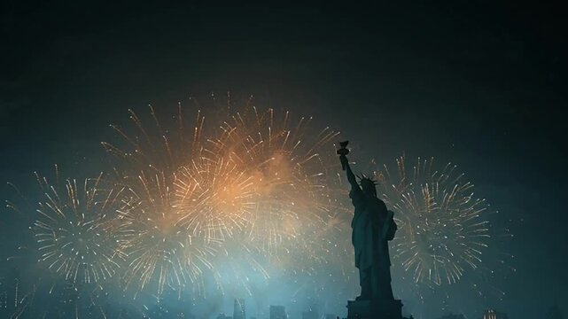 A glowing vector illustration of the Statue of Liberty at night featuring bright fireworks and stars exploding across a blue galaxy sky for a holiday celebration background