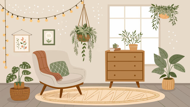 Cozy boho living room interior with armchair, plants, string lights and wooden dresser