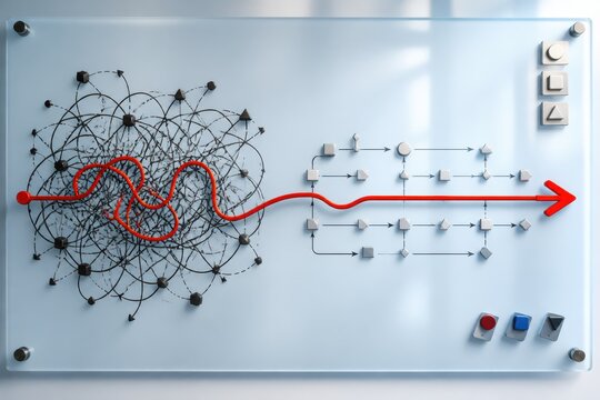 Abstract strategy concept with red arrow path over network diagram on glass board