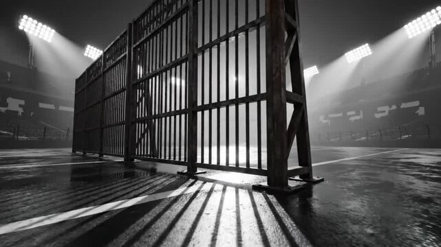 Dramatic shot of a metal gate standing center stage in a dark stadium with bright spotlights reflecting on the wet ground.