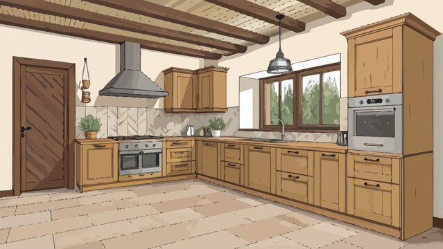Modern rustic kitchen interior with wooden cabinets, stone floor, and exposed ceiling beams