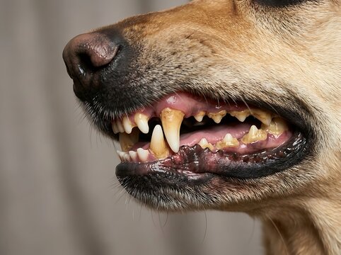 Close up of dog mouth showing yellow teeth and gums canine