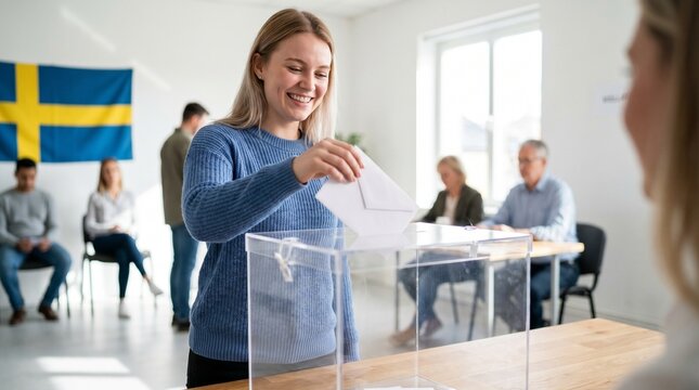Young Woman Casting vote in Transparent Box during Swedish National Election