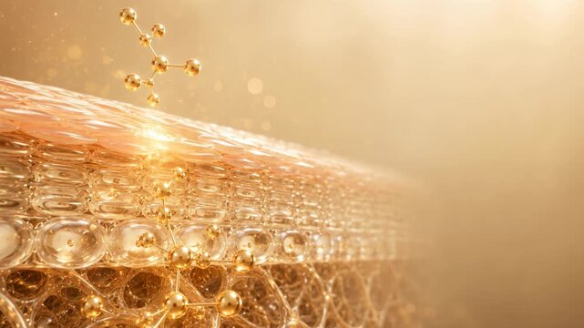 Golden skincare molecules flowing through glowing skin tissue layers with large copy space, luxury cosmetic science, hydration treatment, beauty wellness concept.
