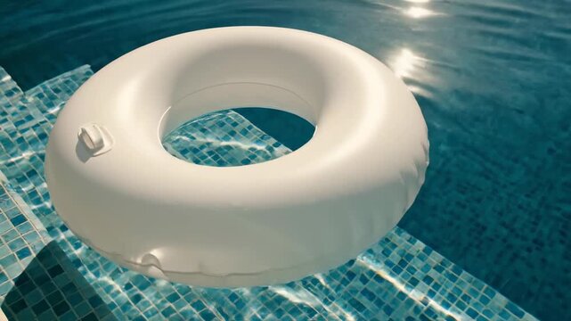White inflatable ring floating in a crystal clear swimming pool with blue mosaic tiles during summer vacation.