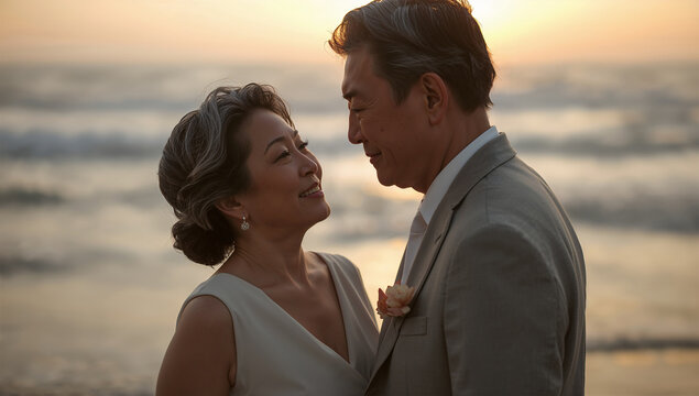 海辺の夕日を前に寄り添う熟年夫婦の再誓約セレモニー写真
