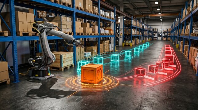 Robotic arm guiding automated warehouse logistics with AI hologram path and smart boxes