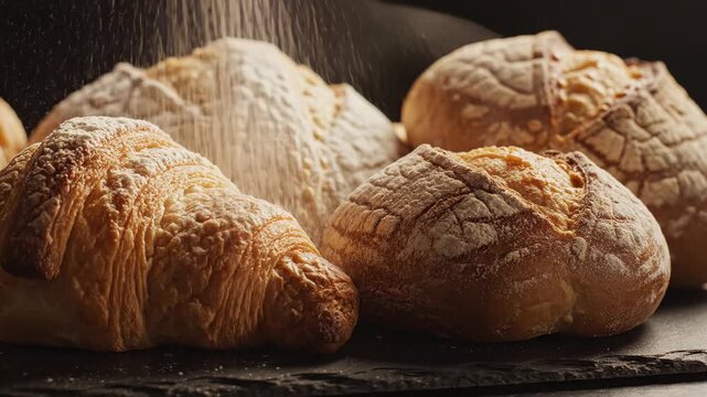 This features a mouthwatering display of freshly baked croissants arranged on a dark surface. The golden-brown pastries glisten in the light, inviting the viewer to indulge in their flaky, crispy