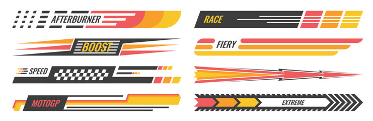 Red yellow black racing stripes. Speed decal set vector sport line stickers car vinyl wrap, motorcycle drift graphics. Motion wave pattern motorsport finish flag elements isolated road background. © Azat Valeev