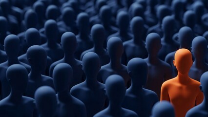 Obraz premium Diverse group of faceless human figures with one orange figure standing out in a crowd of blue figures symbolizing individuality and uniqueness in a large audience or community setting