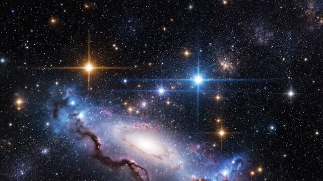 Vibrant deep space nebula with glowing stars and cosmic dust clouds in a purple universe.