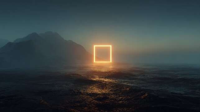 Mist veils dark mountains in soft gray haze. Glowing golden square floats above the water's surface. Its light reflects warmly on the wet, dark terrain. The scene evokes mystery and quiet wonder