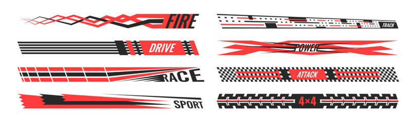 Red black stripe decals. Vector speed line stickers car rally wrap, truck motion graphics. Checkered finish flag elements halftone wave pattern isolated background. © Azat Valeev
