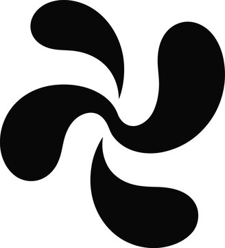 Abstract black four-armed swirl symbol, resembling a stylized propeller or rotating vortex shape, isolated on a white background, symmetrical for branding and geometric patterns