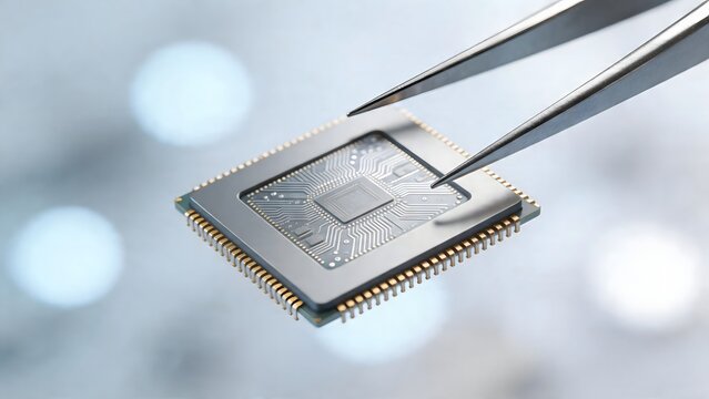 Microchip being handled with tweezers