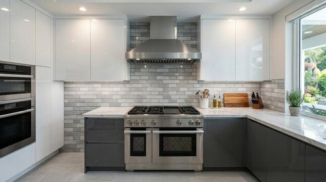 Modern Luxury Kitchen Interior with Professional Stainless Steel Appliances and Grey Cabinetry for Real Estate Marketing Website Banner Hero Header