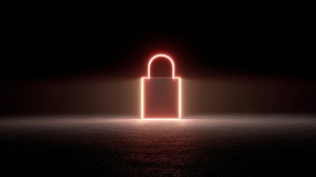 Neon lock glows warmly against dark void