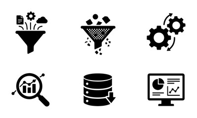 Data processing and analytics icon set, 6 black solid vector symbols for big data management, information filtering and business intelligence dashboard © Farjana