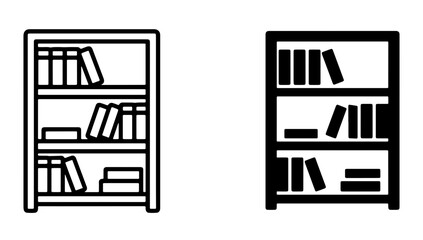 Minimalist bookshelf icon set, black outline and solid silhouette library symbols, wooden book rack vector illustrations for education and home office © Farjana