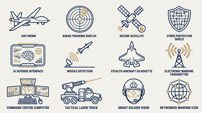 Modern Military Technology and Advanced Defense System Vector Icon Set in Line Art Style (UAV Drone, Radar, AI, and Cyber Security)