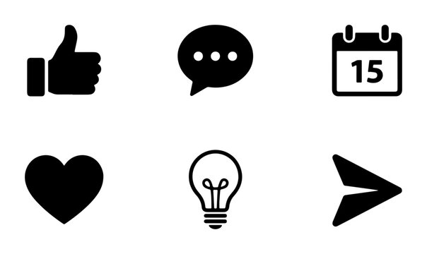 Minimalist social media icon set, black solid interface symbols for web and mobile apps, collection of 6 vector glyphs for digital communication