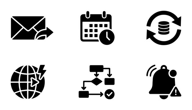 Business automation icons set, workflow management and data synchronization vector symbols, black solid web interface elements for software design