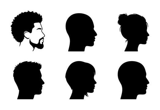 Minimalist human head silhouettes, diverse profile portraits of men and women, black side view face icons, 6 vector head shapes for identity design