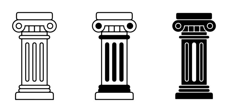 Ancient Greek ionic column vector set, classic Roman architectural pillars in black and white line art, 3 historical stone pillar icons for law and justice