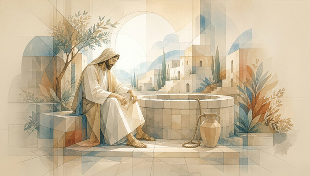 Jesus at Jacob&rsquo;s Well in Ancient Samaritan Village. Watercolor Illustration. New Testament.