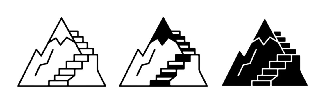 Minimalist mountain stairs icon set, career path and personal growth concept vector, black and white peak climbing symbols for business success