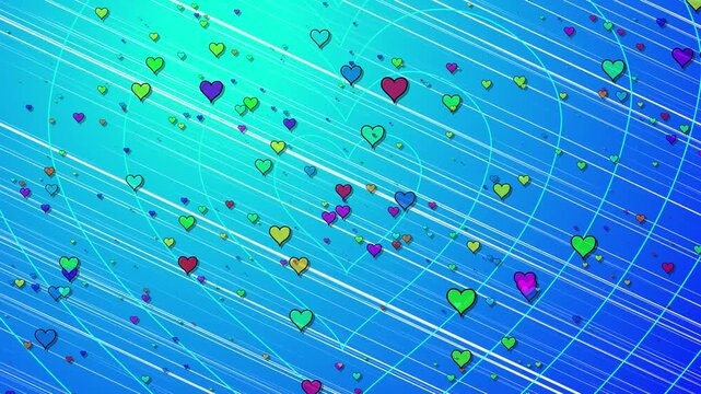 Vibrant Animated Background Featuring Multi-colored Hand-drawn Stylized Hearts Floating Over A Bright Blue Gradient Surface With Dynamic Diagonal White Speed Lines And Concentric Heart Outlines Radiat