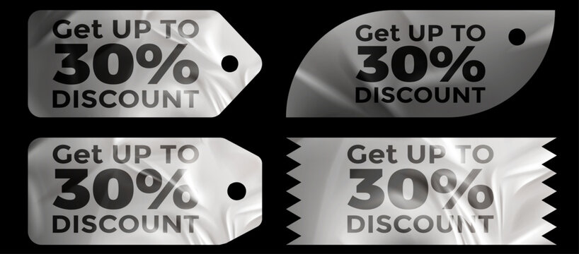 Transparent Crumpled Plastic Price Discount Tag - Glossy Wrinkled Texture Sticker and Promotional Badge Vector