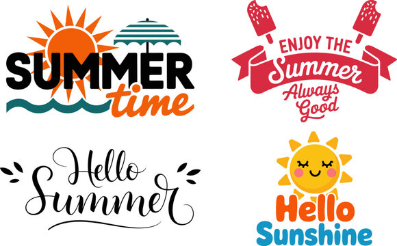 Summer typography vector set, hello sunshine and summertime lettering, seasonal vacation badges with sun and beach umbrella icons