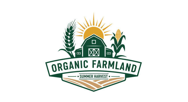 Organic Farmland Summer Harvest Barn and Crops Logo.