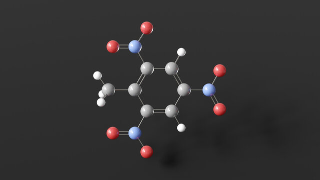 tnt molecule 3d, molecular structure, ball and stick model, structural chemical formula explosive aromatic compound