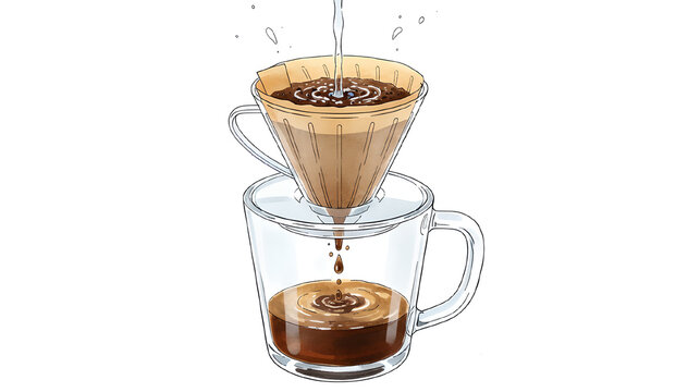 Hand drawn illustration of manual pour over coffee brewing process with paper filter. Alternative coffee brewing method with water dripping through v60 cone into cup