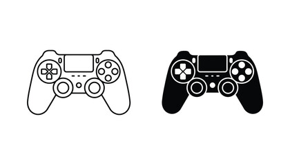 Gaming controller gamepad vector icon set featuring outline and solid styles for video game industry and entertainment media branding graphics © Echo