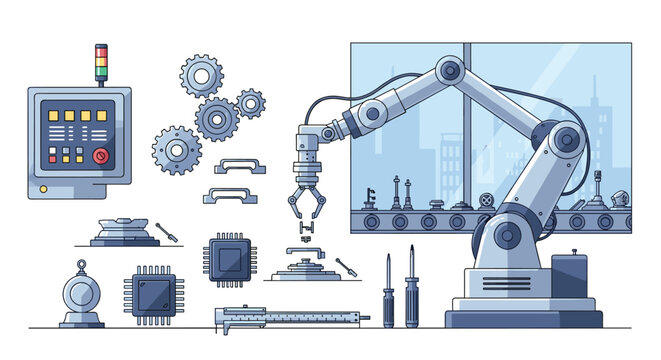 An automated robotic arm manipulates small precision components on a workstation surrounded by gears and microchips within a bright industrial factory setting environment.