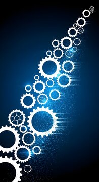 Dynamic abstract illustration of glowing white gears and cogs flowing on a deep blue background, symbolizing technological progress, mechanical engineering, and interconnected innovation concepts