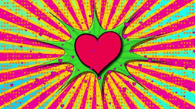 Vibrant Pop Art Animation Featuring A Central Color-changing Heart Inside A Green Comic Book Explosion Bubble. The Background Consists Of A Bright Sunburst With Pink And Yellow Rays And Cyan Halftone 