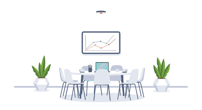 A contemporary office meeting room featuring a white circular table with chairs and a laptop underneath a digital wall chart displaying business data trends and growth.