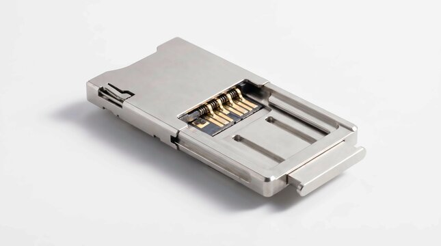 Close-up of a metal SIM card tray ejector tool and SIM card slot for smartphone repair