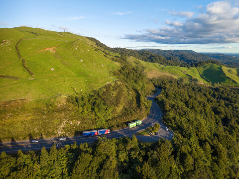Aerial view of New Zealand State Highway 29 as it passes by a summit in the Kaimai Range between the Bay of Plenty and the Waikato region, NZ
