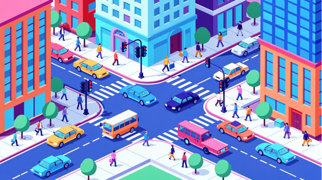 City Street with Cars and Buses.