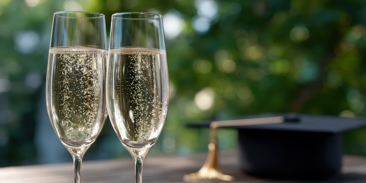 celebratory toast, two champagne flutes with sparkling champagne, a graduation cap in the background, and bright celebratory natural light signaling luxury graduation